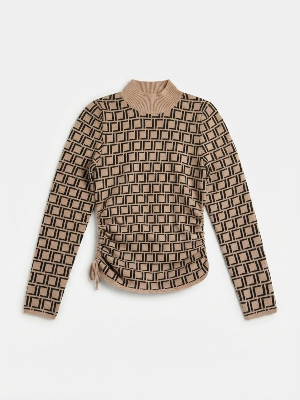 Jolie & Joy Geometric Mock Neck Sweater Womens Large Beige Black Ruched Side